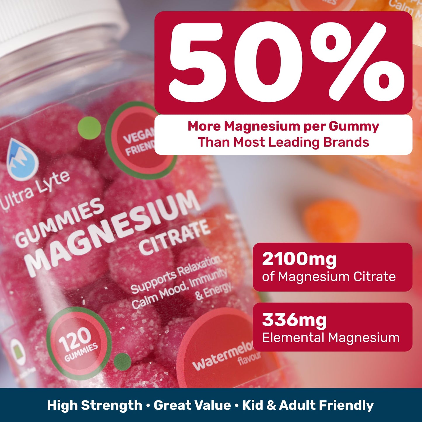 Ultra Lyte Magnesium Citrate Gummies – 336 mg Elemental Magnesium per Serving – 120 Gummies (30 Days) – Gelatin Free Vegan High-Strength Supplement – Tangerine Flavour