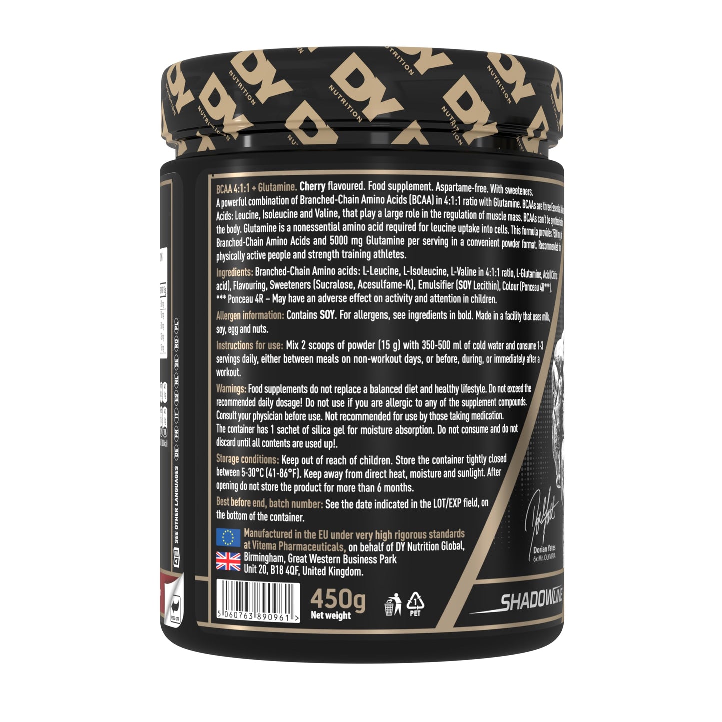 DY Nutrition HIT BCAA 4:1:1 + Glutamine, 450g, 30 Servings (Cherry Flavour) Branch Chain Amino Acid Powder Drink for Optimal Pump & Performance | Pre & Intra Workout Supplement