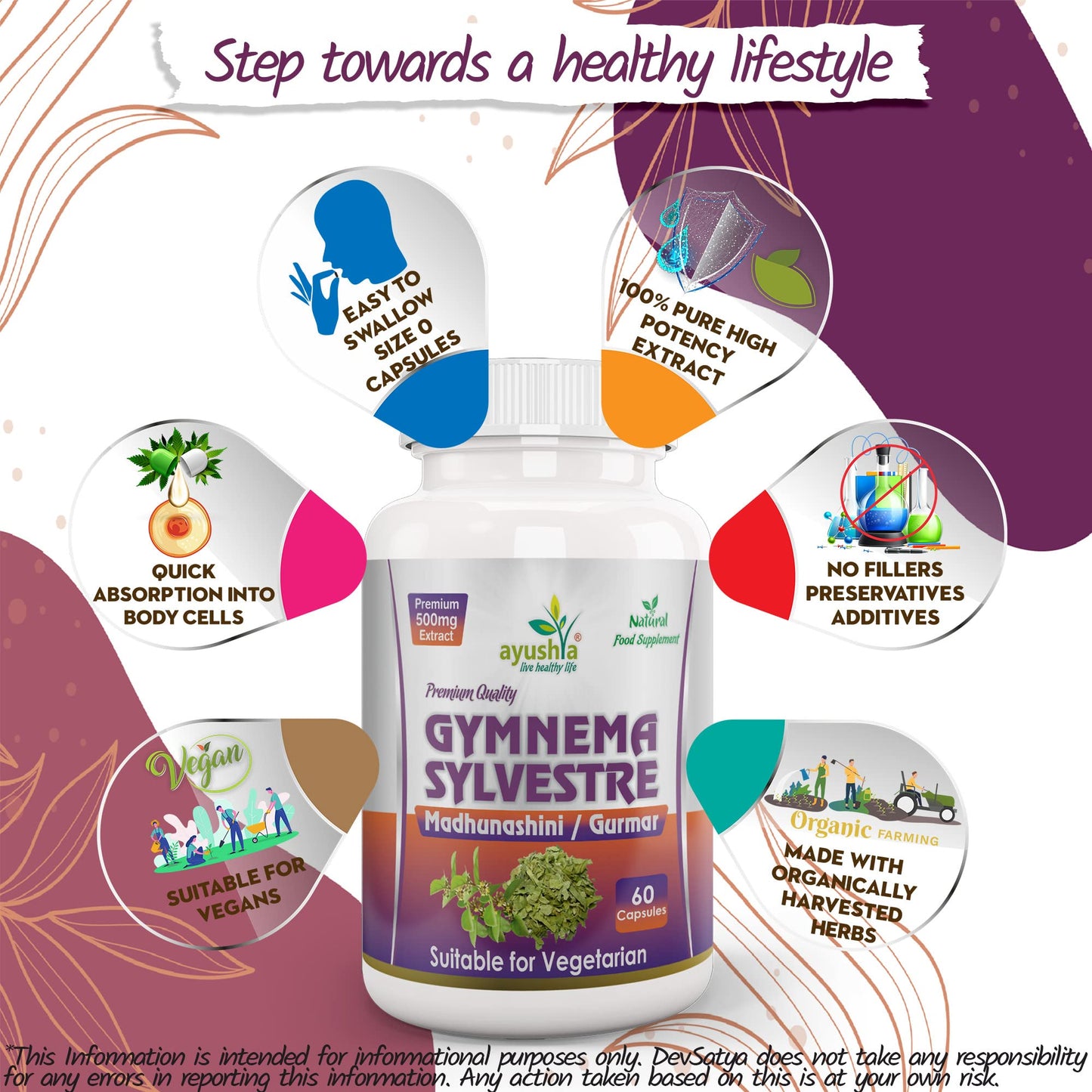 Ayushya Gymnema Sylvestre (Madhunaashini) Capsule, 500 mg Pure Extract, 60 Capsules
