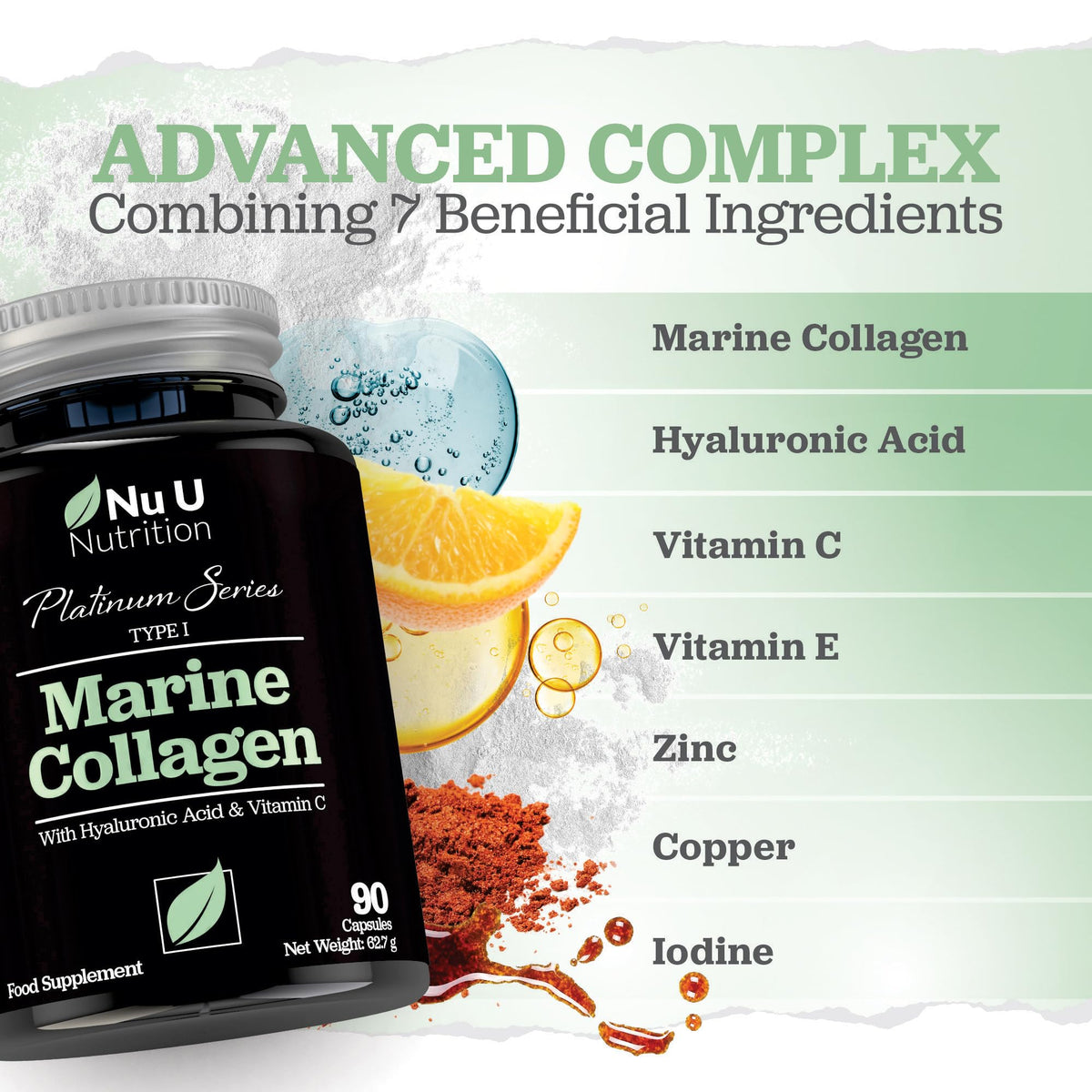 Marine Collagen with Hyaluronic Acid, Vitamin C - 90 Hydrolyzed Capsules (not Tablets) - Premium High Strength Collagen Supplements for Women & Men - Type 1 Marine Collagen - Nu U Nutrition