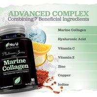 Marine Collagen with Hyaluronic Acid, Vitamin C - 90 Hydrolyzed Capsules (not Tablets) - Premium High Strength Collagen Supplements for Women & Men - Type 1 Marine Collagen - Nu U Nutrition
