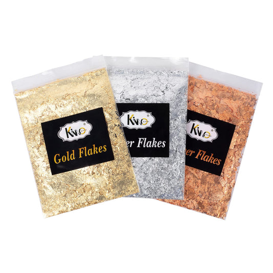 KINNO Gold Leaf Flakes, Gold Foil 3 Sets Gold Leaf for Nails, Art and Craft, Furniture, Gilding, Painting, Resin Jewelry(1g Copper Leaf Sheets + 1g Silver Leaf Sheets + 1g Rose Gold Sheets)