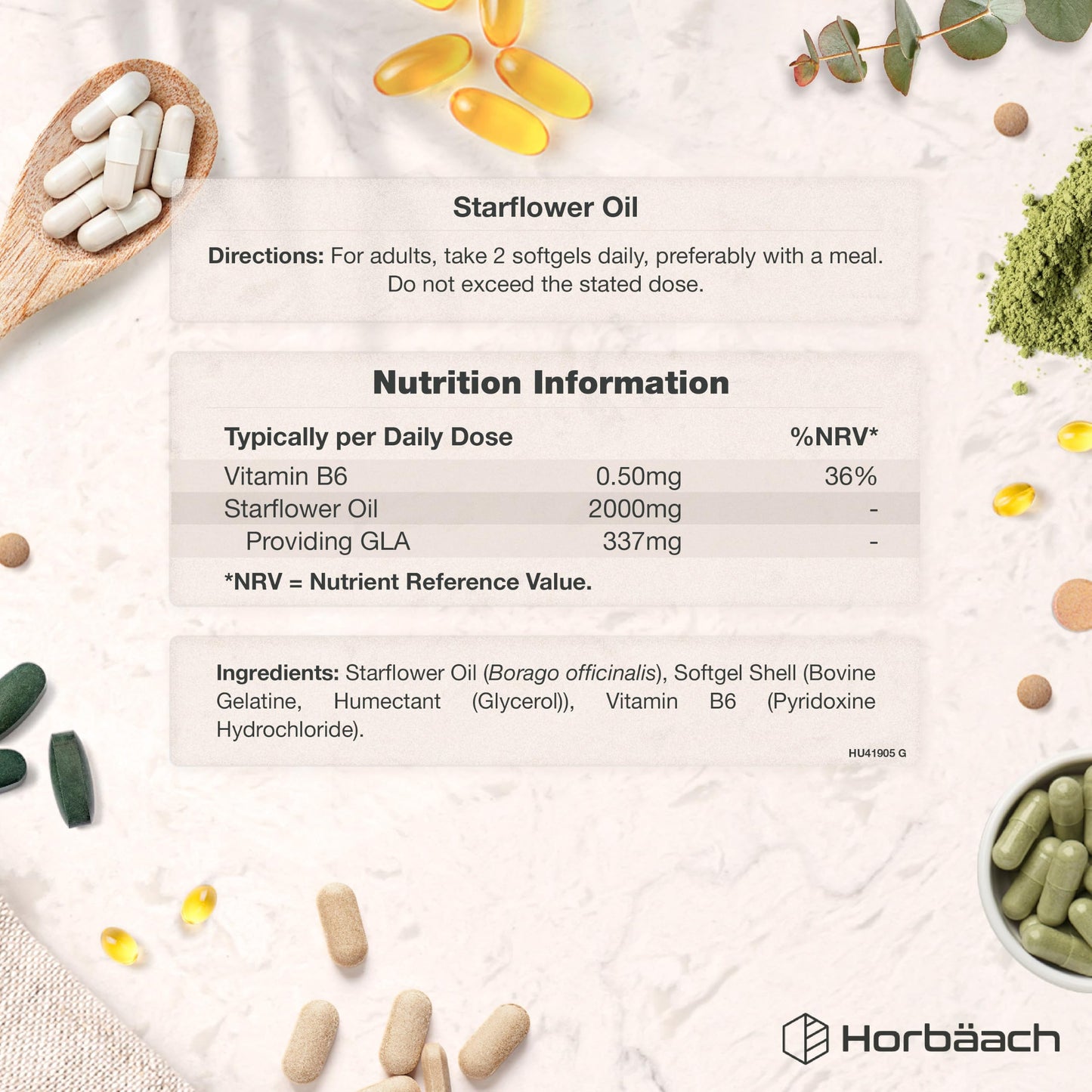 Horbäach Starflower Oil Capsules 2000mg | High Strength GLA | Cold-Pressed Borage Oil with Vitamin B6 | Natural Source of Omega-6 | 120 Softgels | by Horbaach