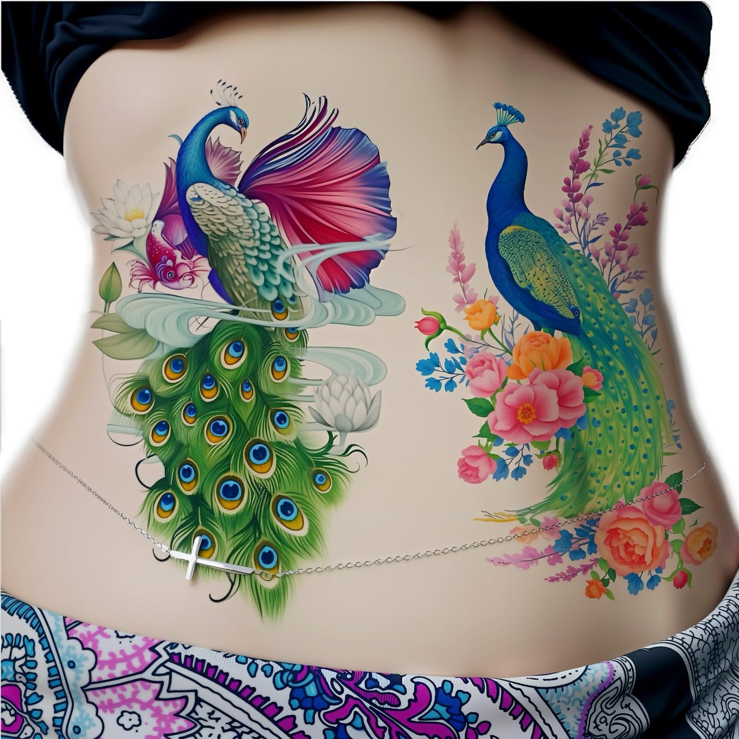 Nirbffo Large Temporary Tattoos Peacock Flowers Legs Arm Belly Back Waterproof Sticker 4 Sheets