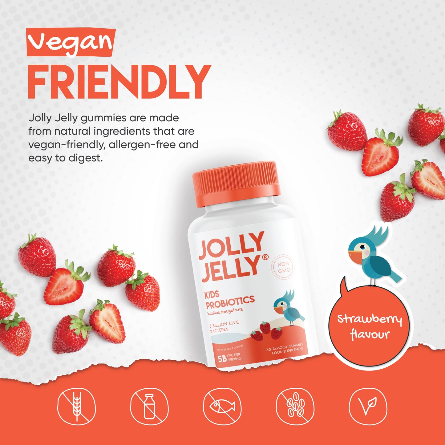 Kids Probiotics Tapioca Gummies - 5B CFU Bacillus Coagulans Live Bacterial Cultures Per Serving - Non-GMO, Halal, Age 4+, Strawberry Flavour - 60 Vegan Gummies.