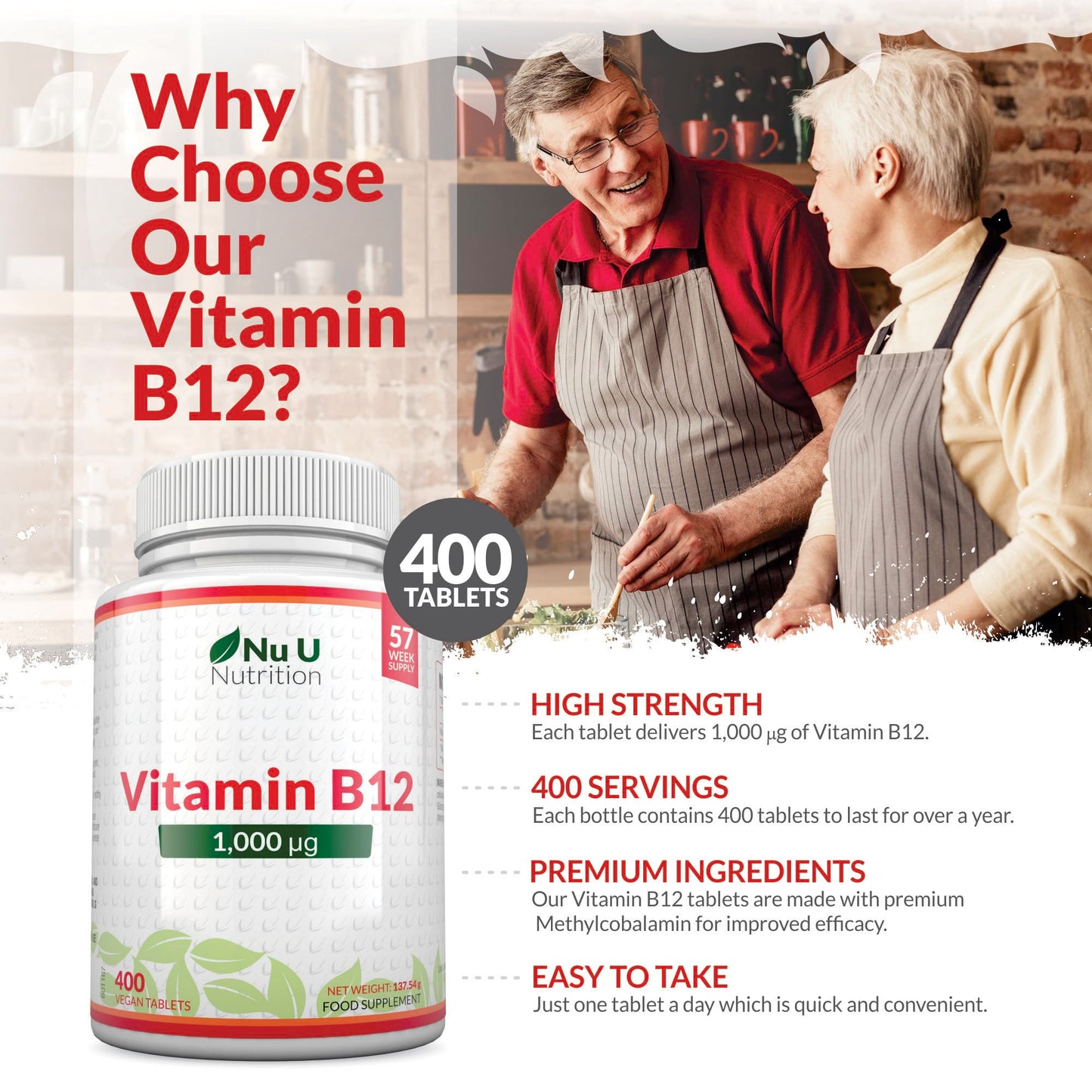 Vitamin B12 1000mcg - 400 High Strength Vegan Tablets - VIT B12 Methylcobalamin - 13 Month Supply - Contributes to The Reduction of Tiredness & Fatigue