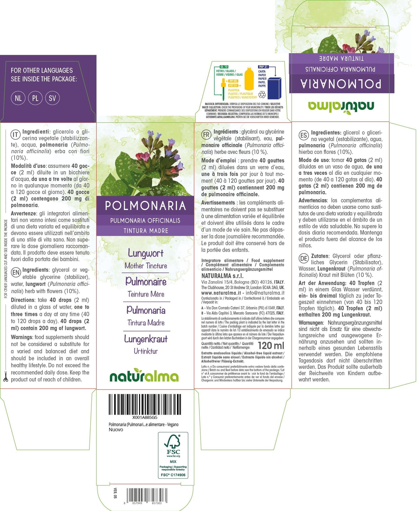 Lungwort (Pulmonaria officinalis) herb with Flowers Alcohol-Free Mother Tincture Naturalma - Liquid Extract Drops 120 ml - Food Supplement - Vegan