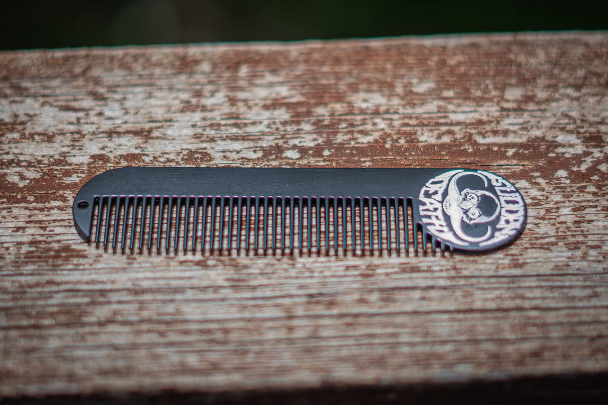 Hair Comb Death Grip 5" x 1.25" Keychain Comb | Fine Tooth Black Powder Coated Stainless Steel For Hair Styling & Beard & Moustache Grooming For Men