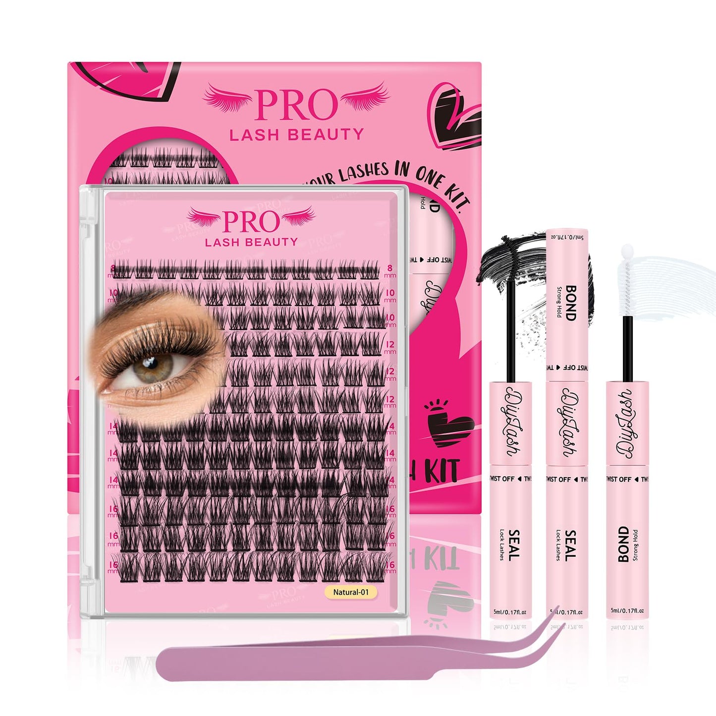PRO LASHBEAUTY DIY Lash Clusters Kit with 144 Pcs Individual Lashes Cluster Lashes Bond and Seal Eyelash Extension Kit for Beignner (Natural01-D-8-16mix)