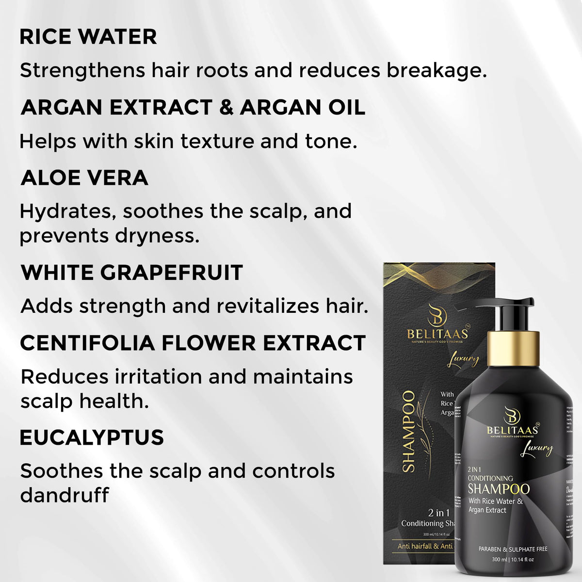 Belitaas Luxury Conditioning Shampoo with Rice Water & Argan Extract – Anti-Dandruff & Anti-Hairfall Treatment, 300ml