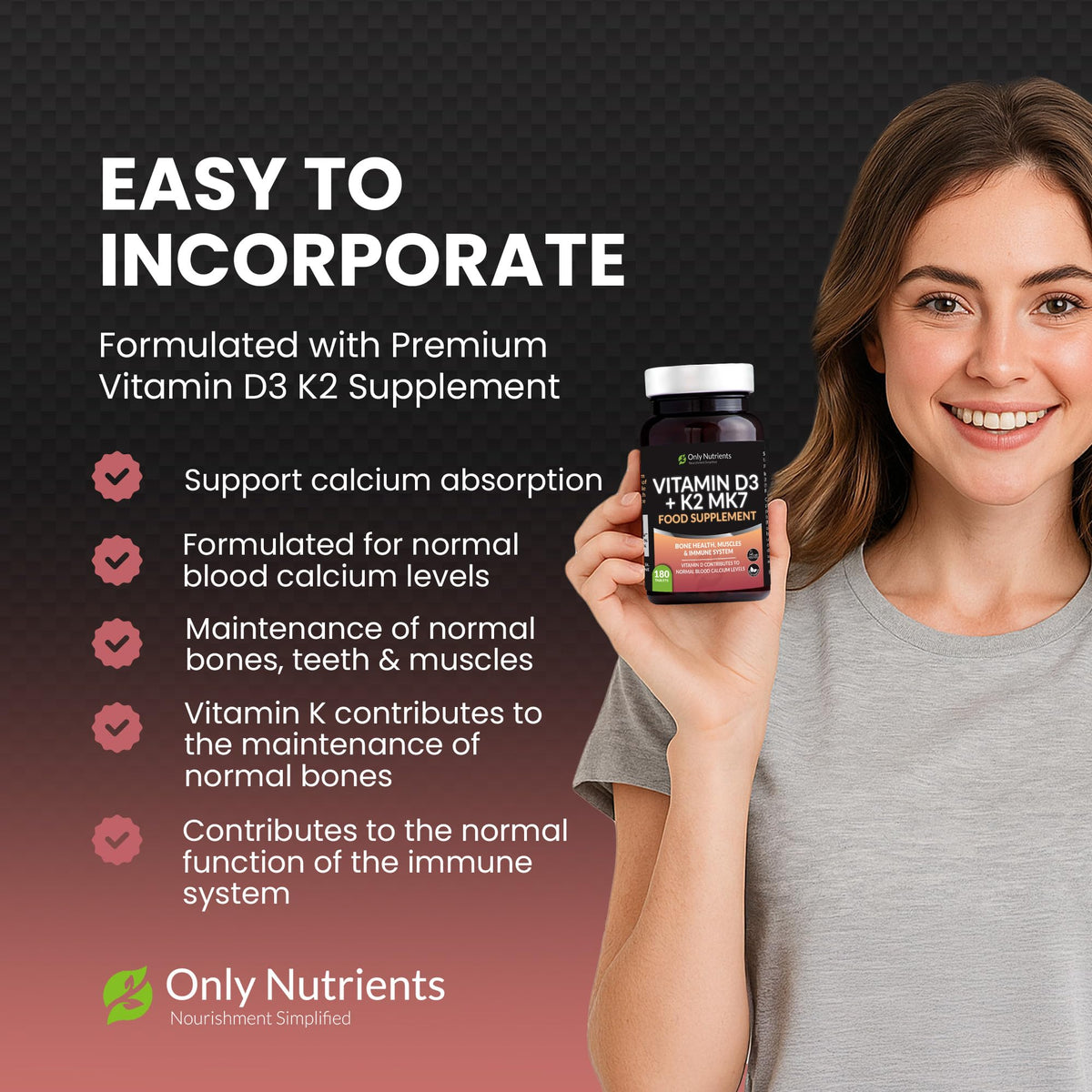 Only Nutrients - Vitamin D3 + K2 MK7, UK-Made Teeth, Muscle & Bone Supplements Men/Women Need, High-Strength Vegan Immune Support Rich in Vitamin D3 4000 iu, 180 Tablets