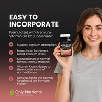 Only Nutrients - Vitamin D3 + K2 MK7, UK-Made Teeth, Muscle & Bone Supplements Men/Women Need, High-Strength Vegan Immune Support Rich in Vitamin D3 4000 iu, 180 Tablets