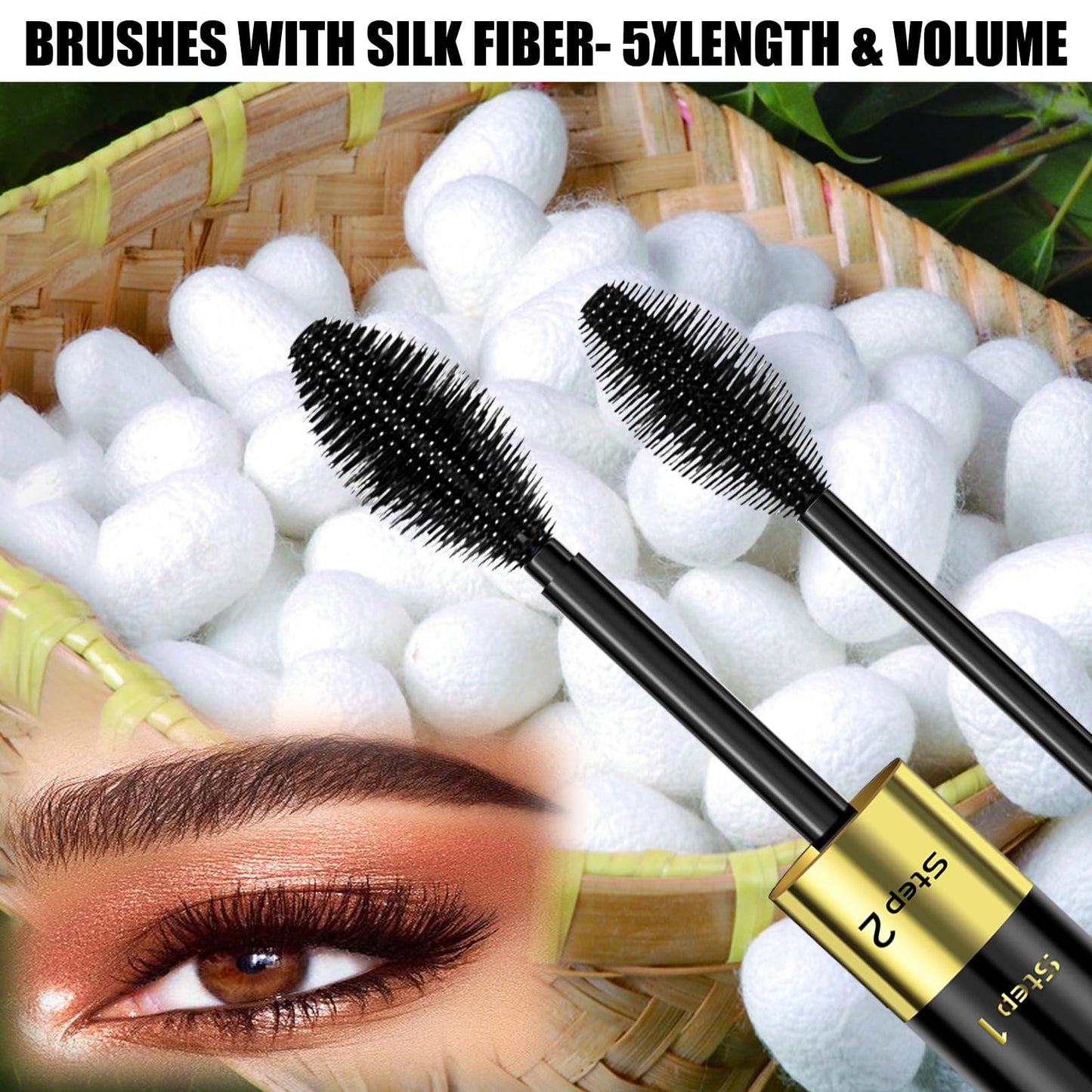 GJNL Mascara Black Volume and Length - 2 in 1 Double Effect Mascara Waterproof Natural & 4D Magic Effect Extensions, Perfect Gifts for Women Mom Silk Fiber Smudge-proof Mascara