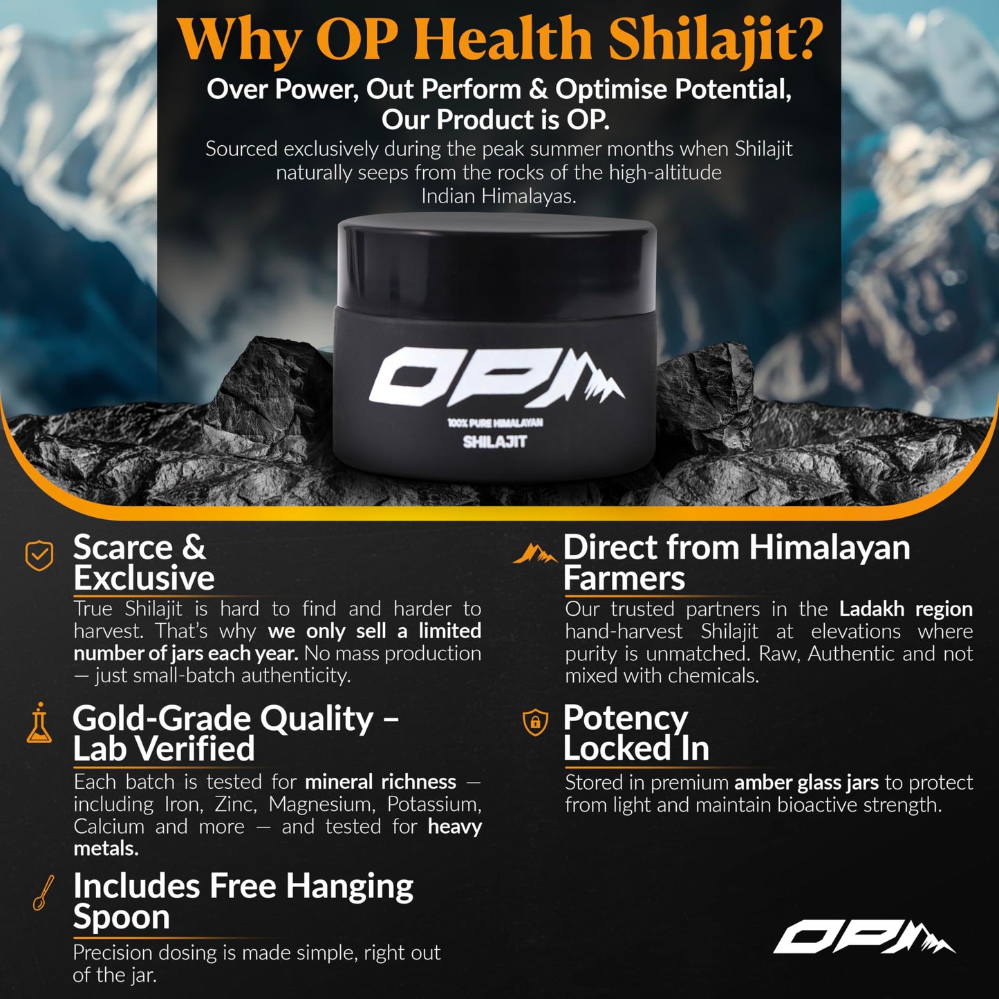 OP Health Himalayan Shilajit Resin – 100% Pure & Natural – 75%+ Fulvic Acid, Gold Grade, Lab Tested – Energy, Immunity, Skin & Bone Support – Ethically Sourced Small Batch – 30g