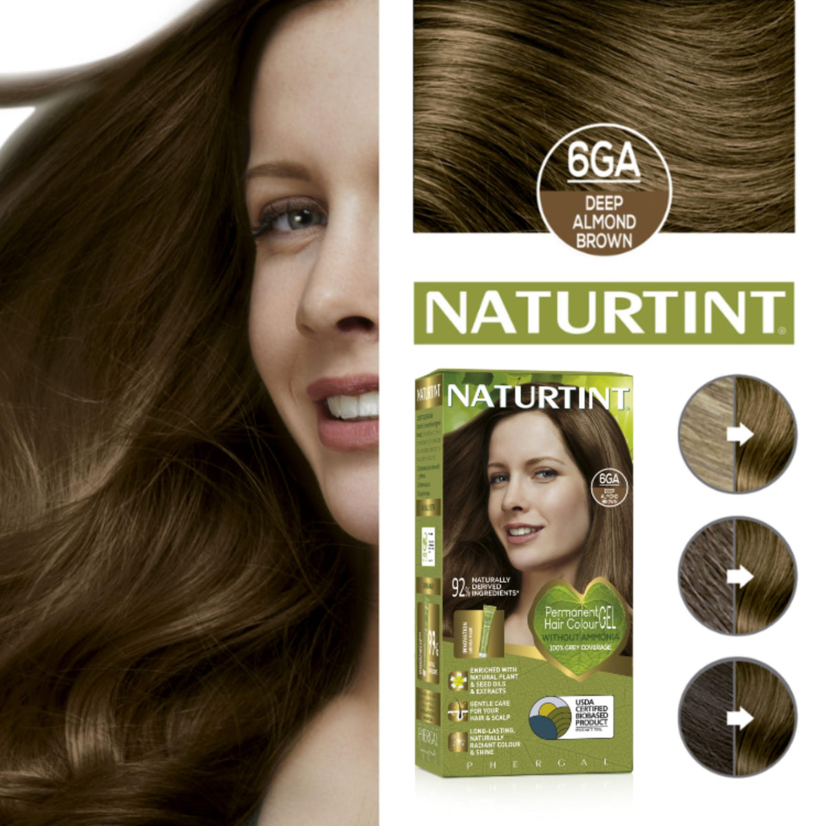 Naturtint Permanent Hair Colour Gel 6GA Deep Almond Brown, Plant Enriched, Biobased, Ammonia Free, Long Lasting Grey Coverage and Radiant Colour, Nourishment and Protection