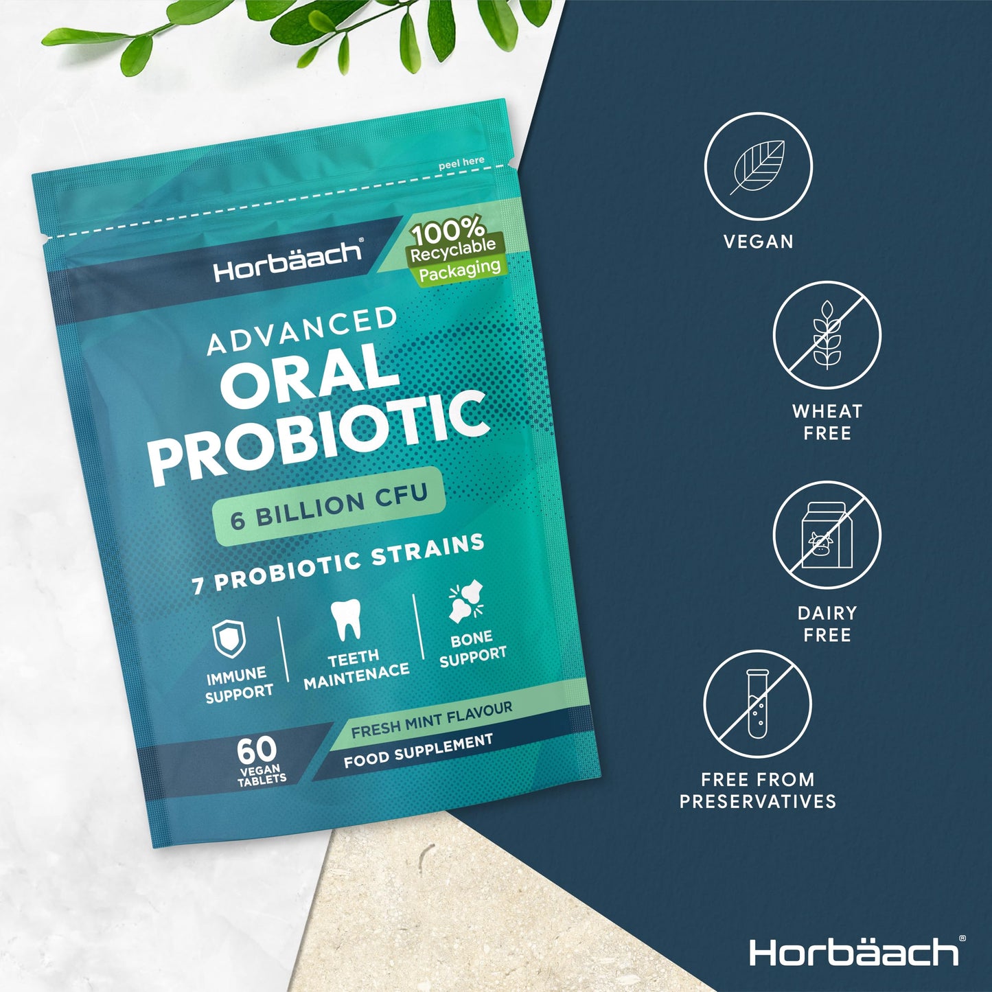 Oral Probiotics for Mouth 6 Billion CFU | Advanced Dental Probiotics for Adults | 7 Probiotic Strains Including Lactobacillus Reuteri | 60 Vegan Chewable Tabs | Mint Flavour | by Horbaach