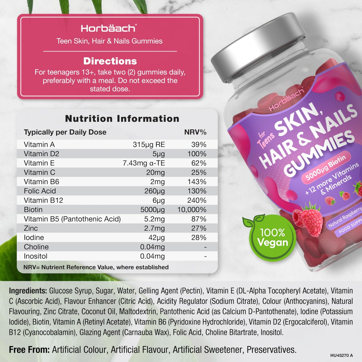 Horbäach Skin Hair and Nail Vitamin Gummies for Teens | 60 Count | Natural Raspberry Flavour | 5000ug of Biotin with 12 More Vitamins and Minerals | Vegan Food Supplement | by Horbaach