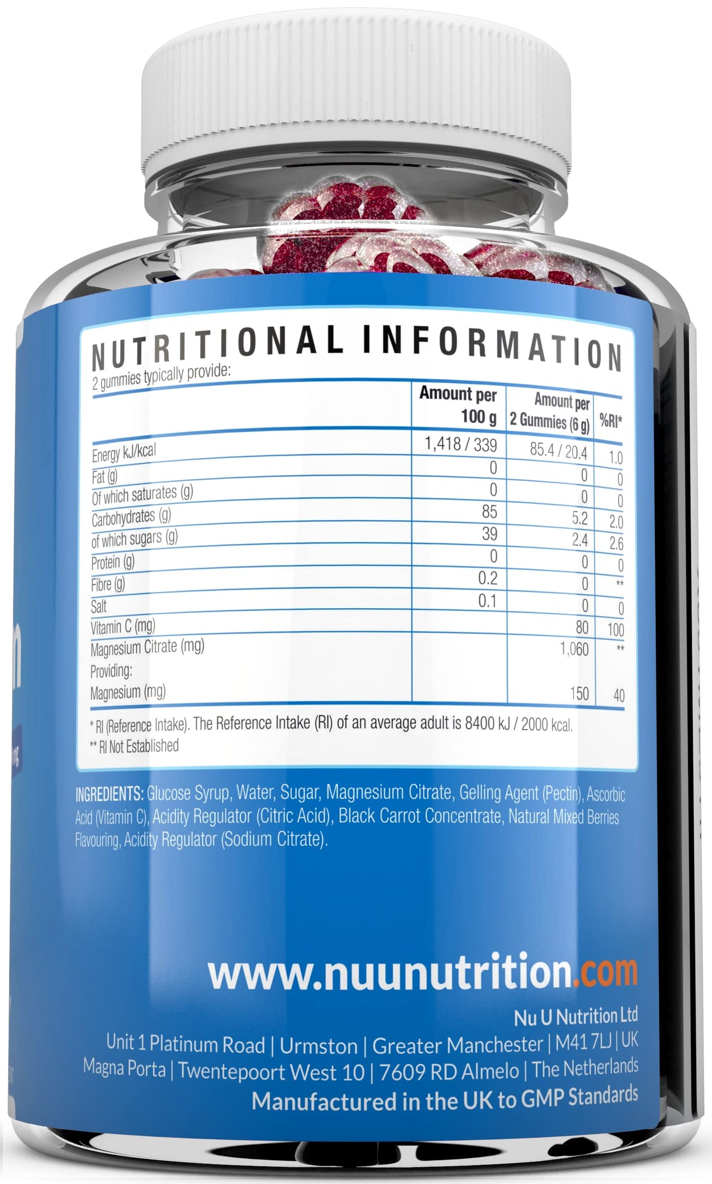 Nu U Nutrition Magnesium Gummies 1060mg for Adults and Kids (5+) - 60 Vegan Gummies - Berry Flavour - Providing 150mg of Elemental Magnesium & 80mg of Vitamin C - Magnesium Citrate Supplement