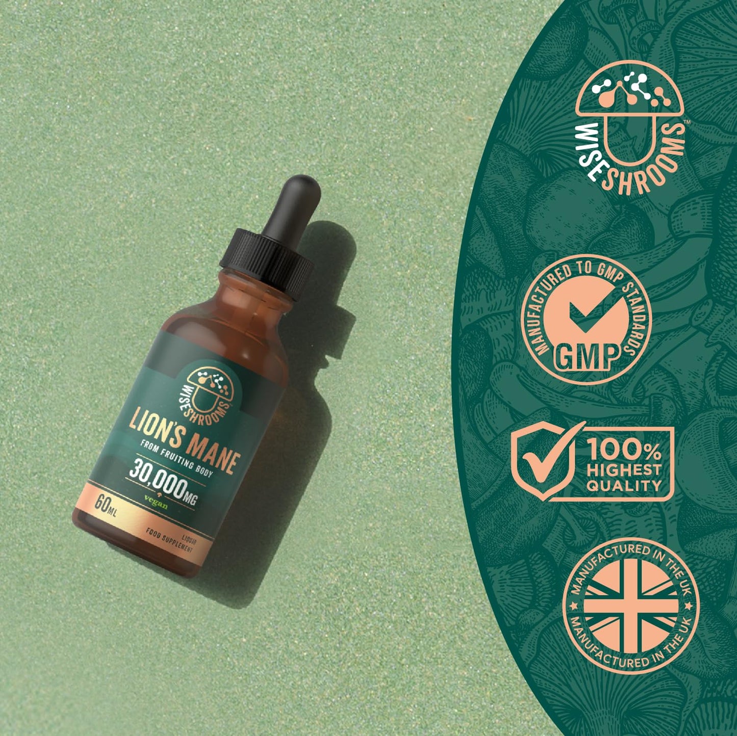 Lions Mane Supplement Liquid Drops 30,000mg | High Strength Lions Mane | from Fruiting Body | 60ml Bottle - Vegan | Wiseshrooms
