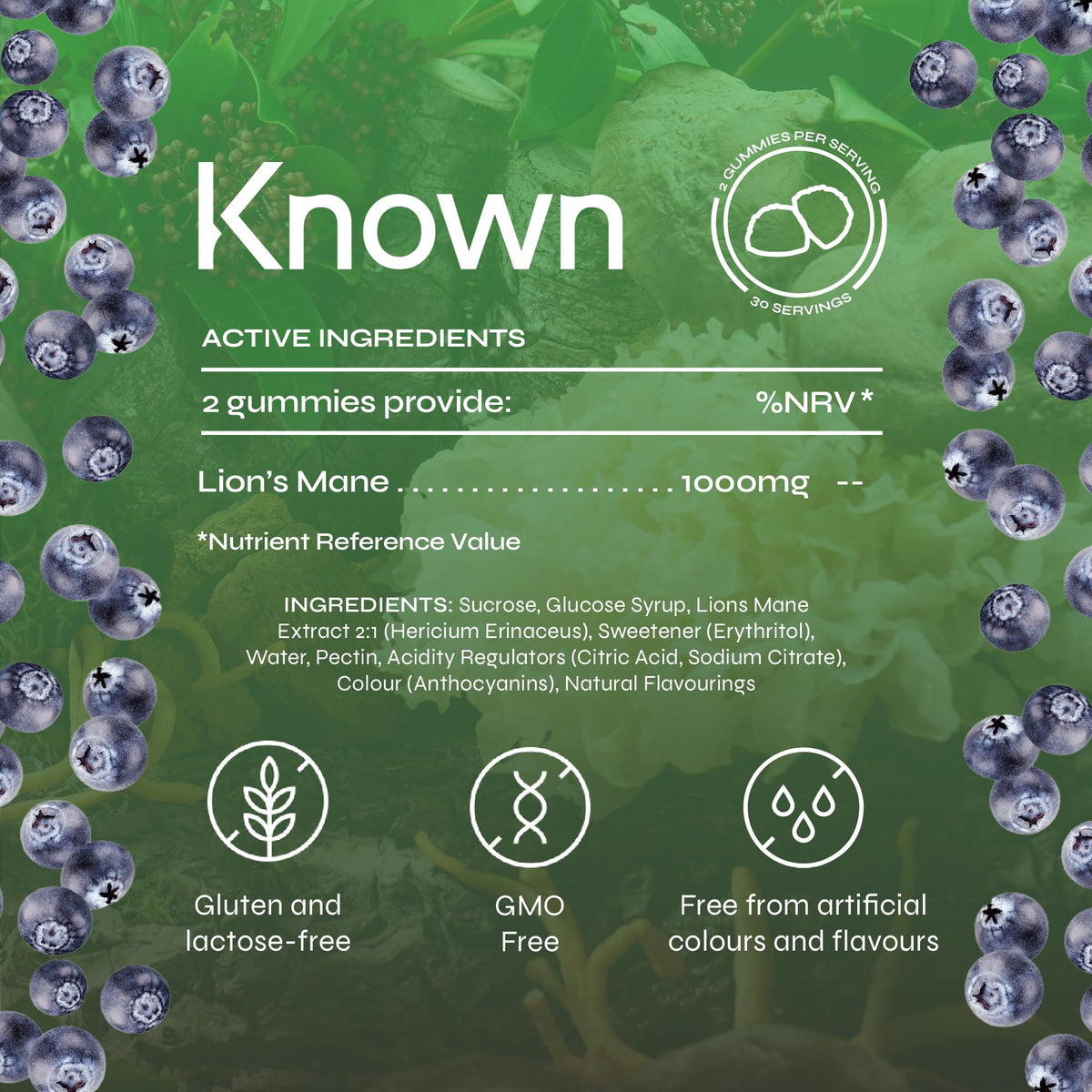 Known 1000mg Lions Mane Mushroom Gummies – Blueberry Flavour – Chewable Vegan Nootropic Gummy Supplement – 1 Month Supply – for Men & Women