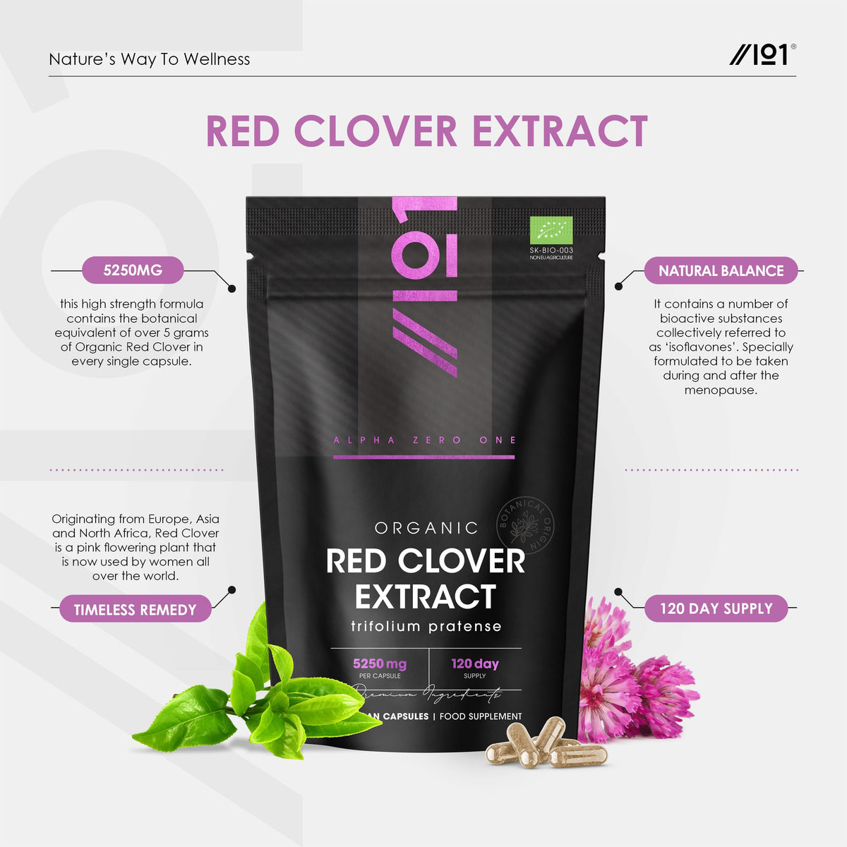 ALPHA01 Organic Red Clover Extract 5250mg - for Use During The Menopause - Potent 15:1 Pure Extract - Halal – 60 Vegan Capsules