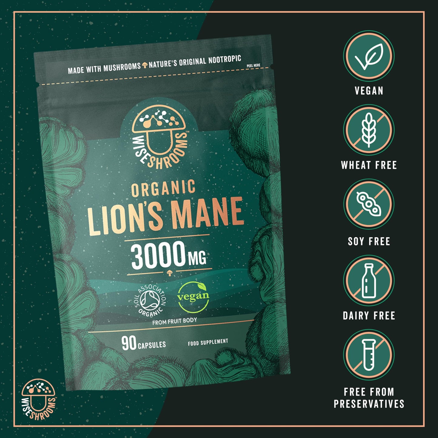 Lions Mane Supplement 3000mg | Organic | High Strength Mushroom Supplement | from Fruit Body | 90 Vegan Capsules | by Wiseshrooms