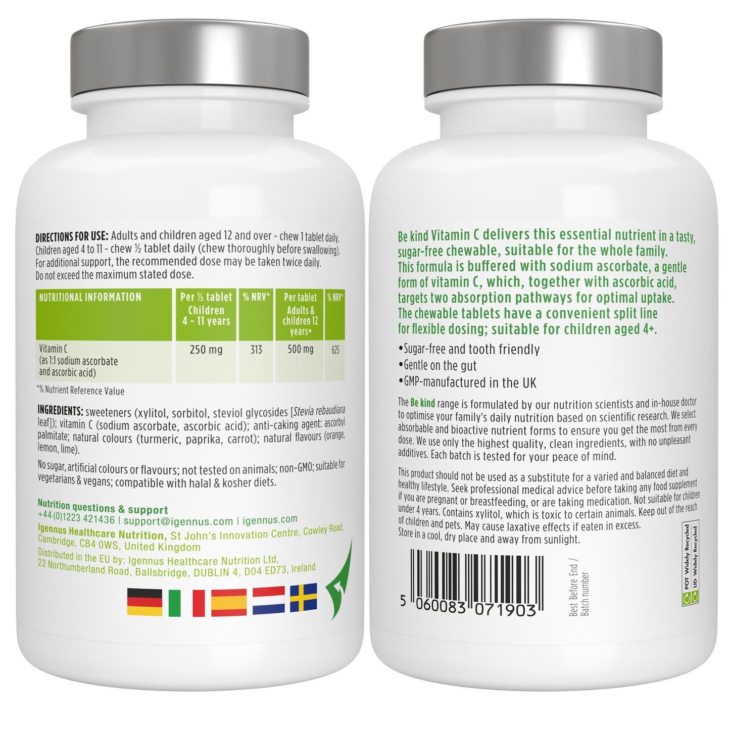 Igennus Healthcare Nutrition Igennus Advanced Vitamin C Sugar-Free Chewable 500mg, 120 Servings, Kids & Adults, Clean & Gentle, High Absorption Buffered Formula, Vegan, Orange & Lemon Flavours
