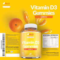 Vitamin D3 Gummies 4000IU Adults - 90 Vegetarian Gummies - Natural Orange Flavour - Chewable VIT D Gummy Supplement - Made in the UK - Nu U Nutrition