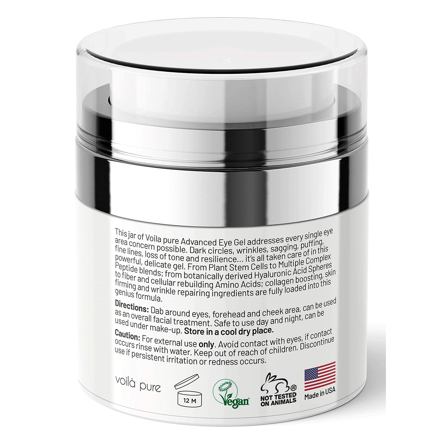 Voilà Pure -EYE CREAM - Cures Dark Circles, Puffiness & Crows Feet - Powerful But Gentle Organic Eye Gel - Anti-Ageing Formula With Matrixyl 3000 & Plant Stem Cells - 60ml Bottle