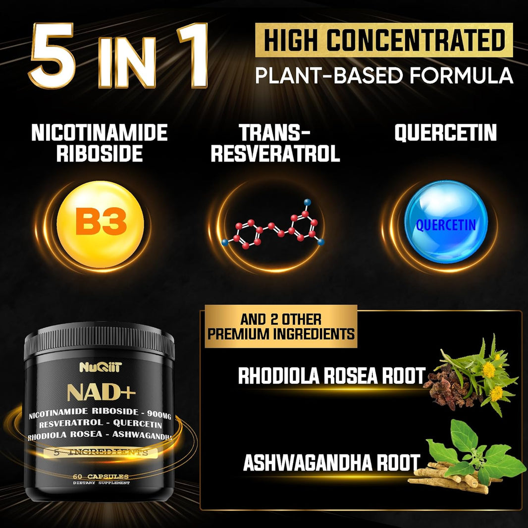 NAD+ Supplement with Nicotinamide Riboside 900mg, Resveratrol, Quercetin, Turmeric, Rhodiola Rosea - Cellular Energy & Repair, Vitality, Healthy Aging - 60 Count