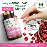 Premium Cranberry Concentrate 25,000mg with D-Mannose & Vitamin C |4 Month Supply x120 Tablets | Non-GMO, Gluten Free, Cranberries Fruit Extract Supplement for Women| UK Made by Royal Oak Health