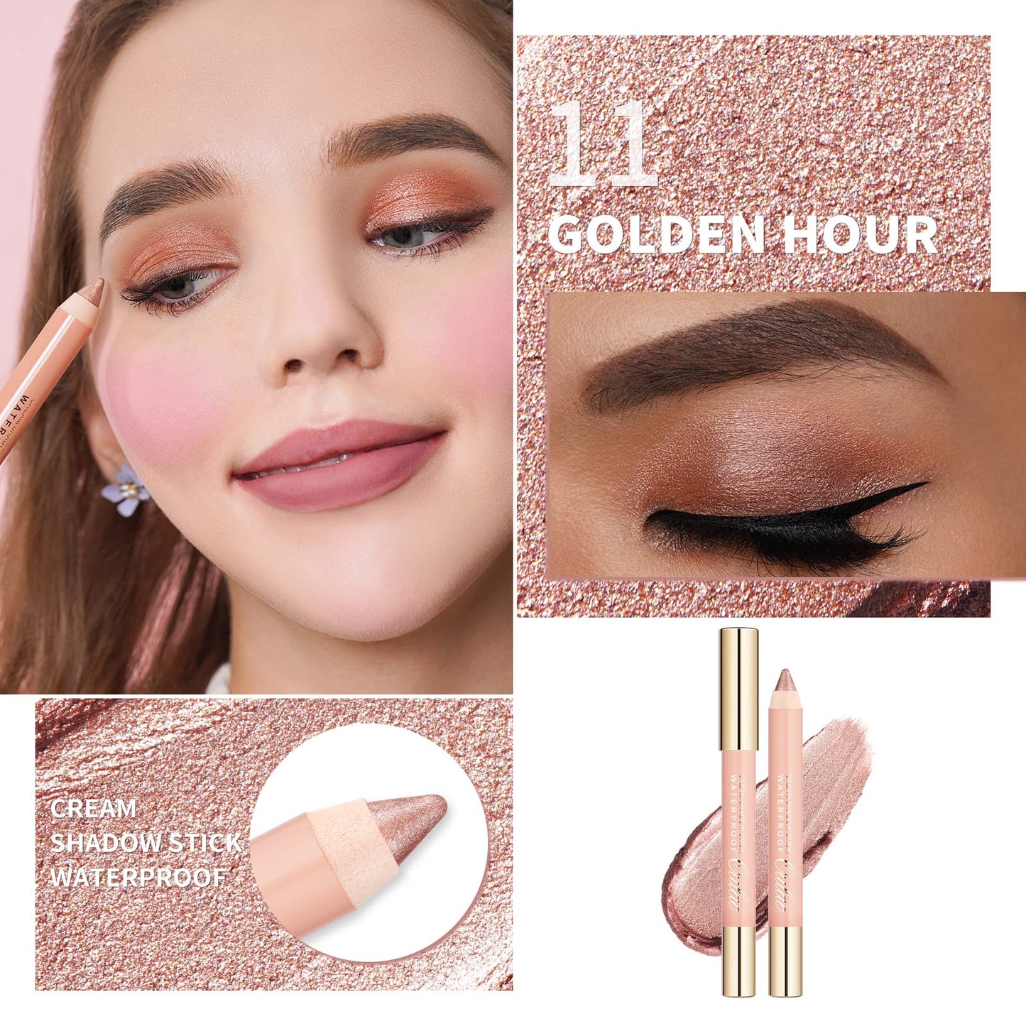 Oulac Nude Champagne Eyeshadow Stick - Shimmer Eye Shadow Pencil for Highlighter, Waterproof & Long Lasting, Blendable Glitter Eye Makeup, Vegan & Cruelty-Free 3.8g, (11) Golden Hour