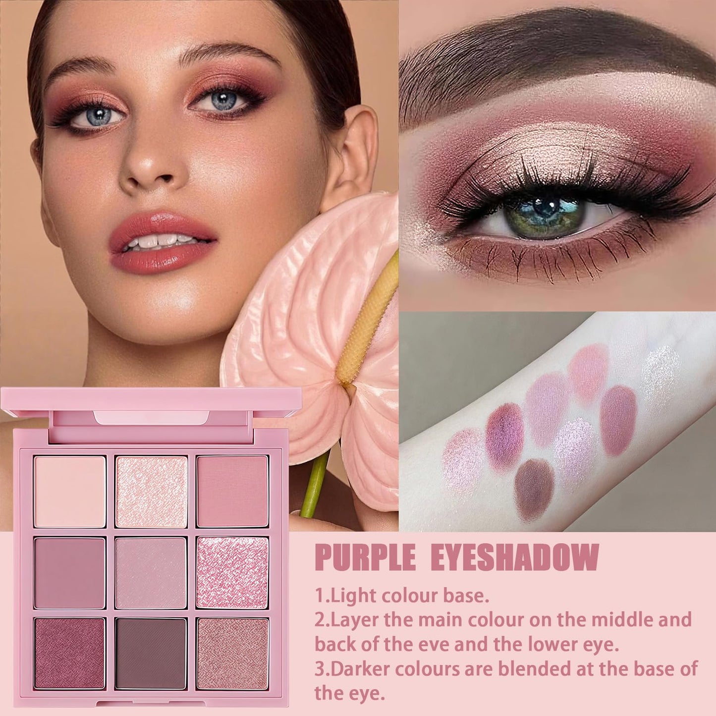 Coloroom Pink Eyeshadow Palette - 9 Colour Glitter Eyeshadow, Matte & Shimmer, Bright Long-Lasting & Highly Pigmented Eye Shadow Pallet For Women - 3PCS Eyeshadows Brushes