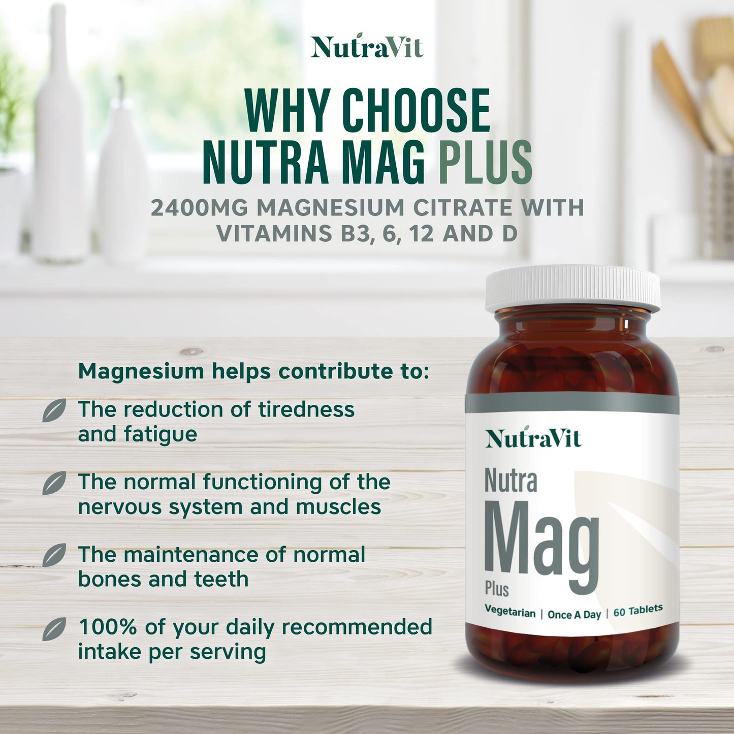 NUTRAMAG Plus - 2400mg Magnesium Citrate Tablets | Magnesium Tablets – 60 Super Strength Tablets - Magnesium Supplements for Women and Men – Contains Zinc, Vitamin B3, B12 and D3 - NutraVit