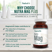 NUTRAMAG Plus - 2400mg Magnesium Citrate Tablets | Magnesium Tablets – 60 Super Strength Tablets - Magnesium Supplements for Women and Men – Contains Zinc, Vitamin B3, B12 and D3 - NutraVit