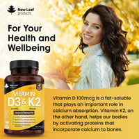 NEW LEAF PRODUCTS Vitamin D3 K2 - Vitamin D3 4000iu & Vitamin K2 100ug (MK7) 4 Months Supply, Supports Immunity, Calcium Absorption and Bone Health, Non-GMO, UK Made by New Leaf 120 Micro Small Vegetarian Tablets,