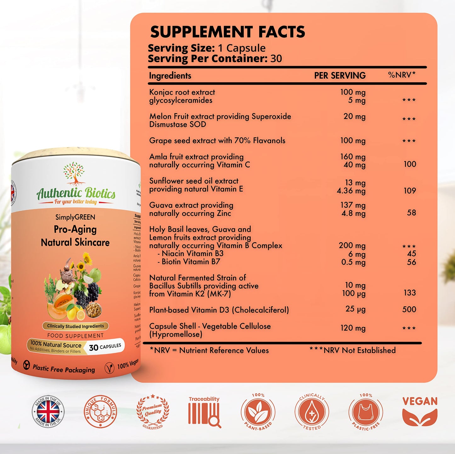 Authentic Biotics Vegan Collagen Boosting Natural Plant-based Skincare, Vitamins for Healthy Skin with Antioxidants, Contains Vitamin D3 K2 C & E Zinc Niacin Biotin & SOD, Multivitamins for Women & Men,1 Month Supply