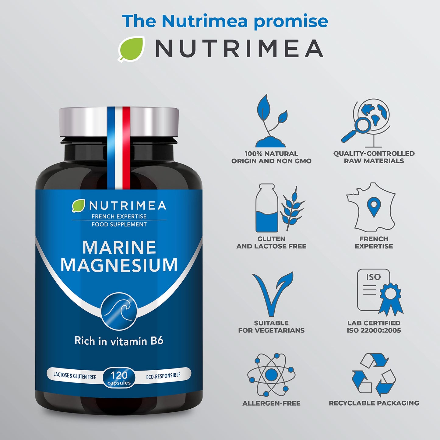 Laboratoires Nutrimea Marine Magnesium Supplement - with Vitamin B6-120 Capsules - GMO-Free - Gluten Free - Lactose Free - Easy to Swallow Capsules - French Expertise - Nutrimea