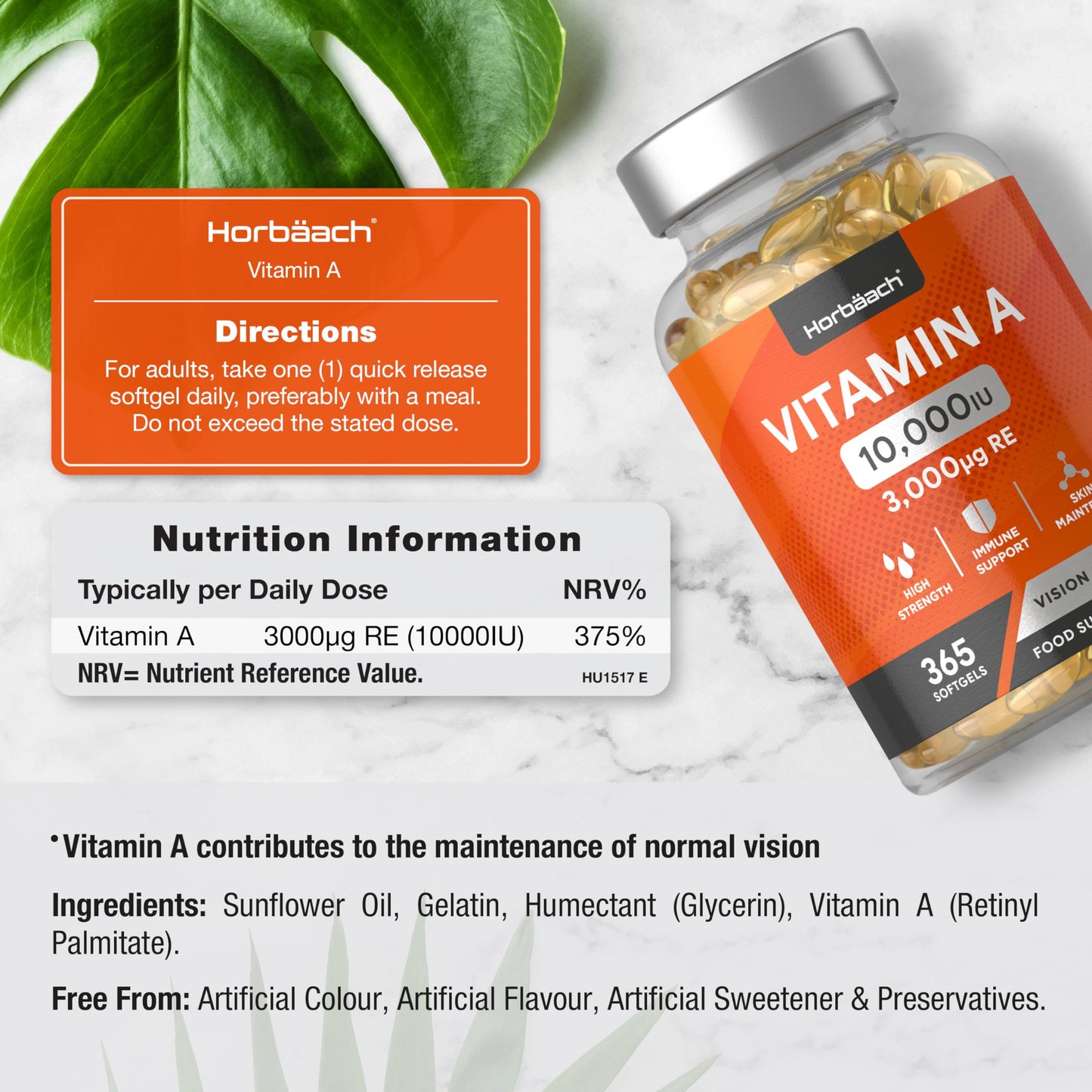 Vitamin A Capsules 10,000iu | 365 Count | High Strength Immune, Skin and Vision Support Supplement | by Horbaach