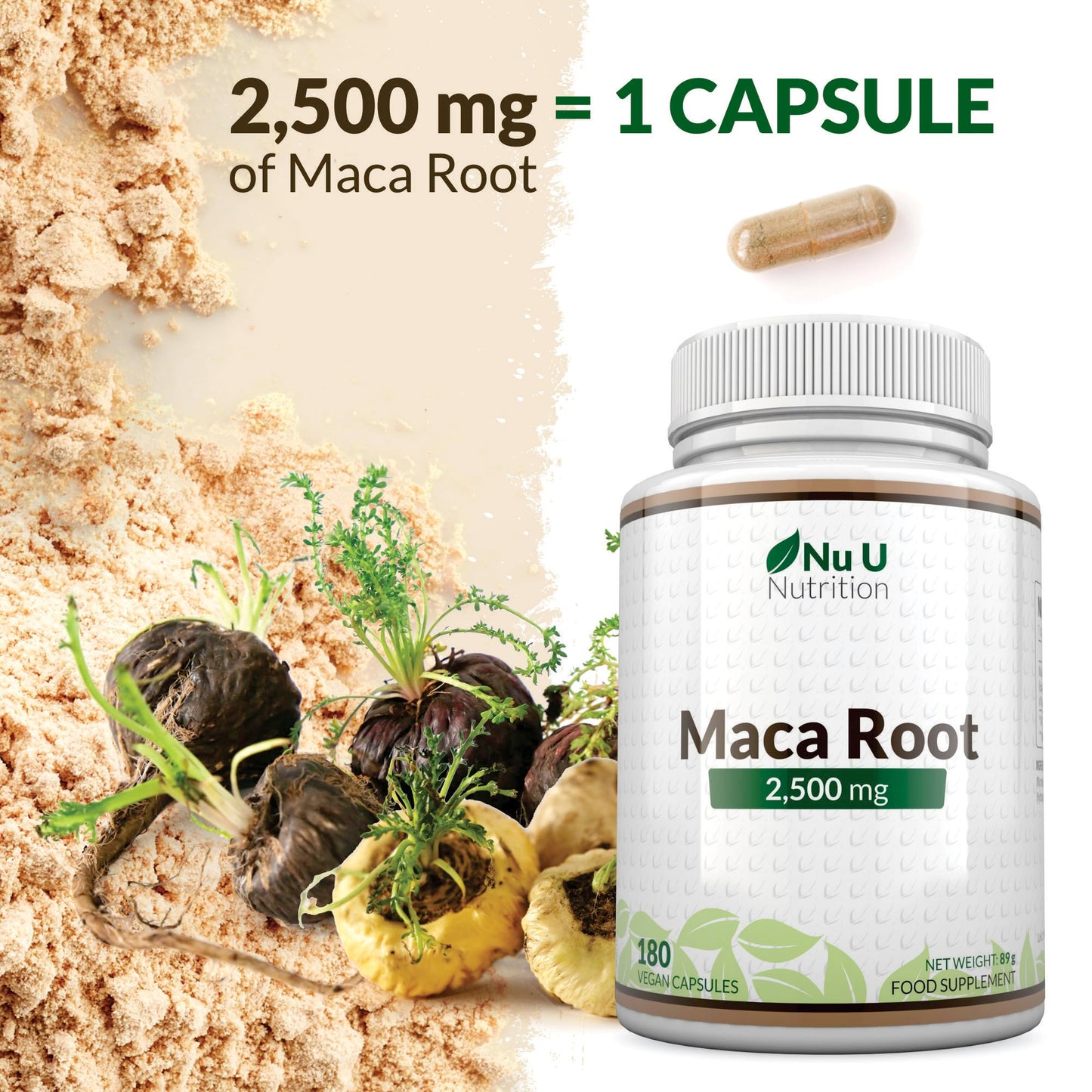 Nu U Nutrition - Maca Root Capsules 2500mg - 250mg of Maca Root per Capsule - 180 Vegan Capsules - 6 Month Supply - Maca Root Extract Supplement for Men & Women - Made in The UK