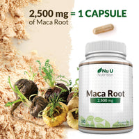 Nu U Nutrition - Maca Root Capsules 2500mg - 250mg of Maca Root per Capsule - 180 Vegan Capsules - 6 Month Supply - Maca Root Extract Supplement for Men & Women - Made in The UK