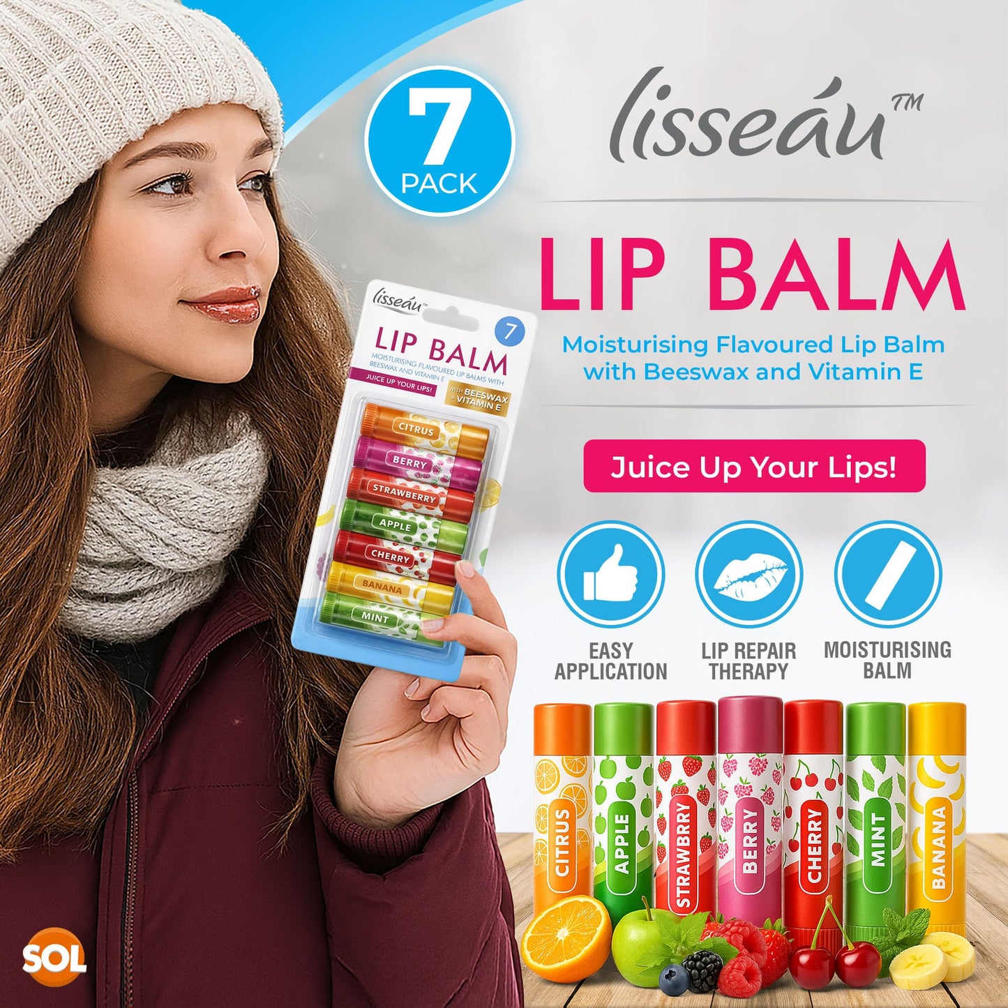 SOL 7pk Flavoured Lip Balm Set - Lip Balm Multipack with Vitamin E