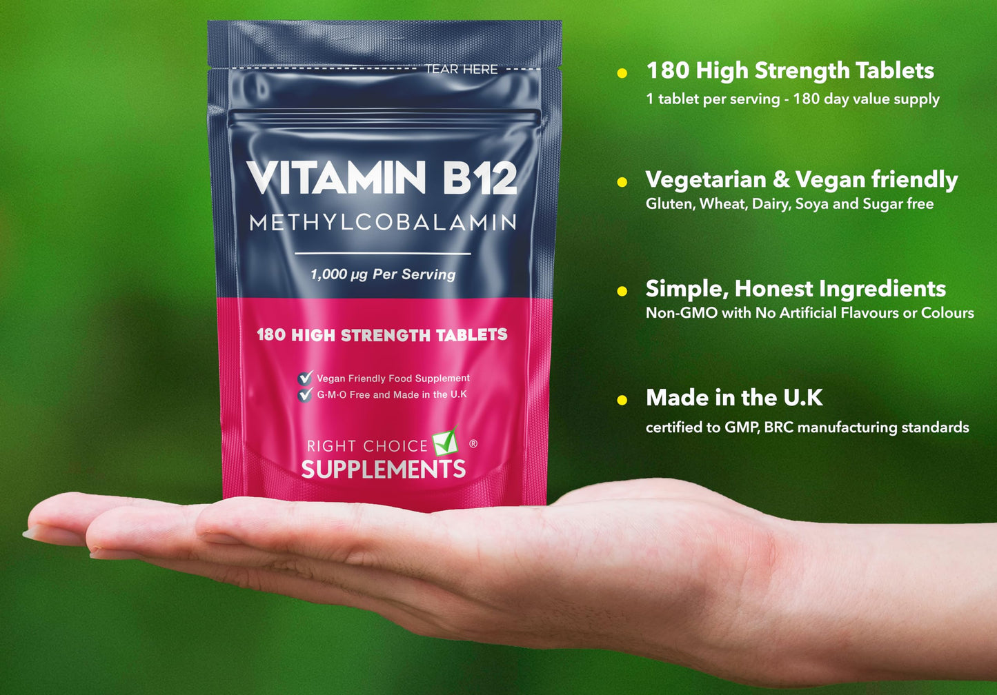 Right Choice Supplements Vitamin B12 High Strength 1000 μg (mcg) - 180 Tablets - Pure Methylcobalamin Supplement - Energy Support - UK Vegan VIT B12