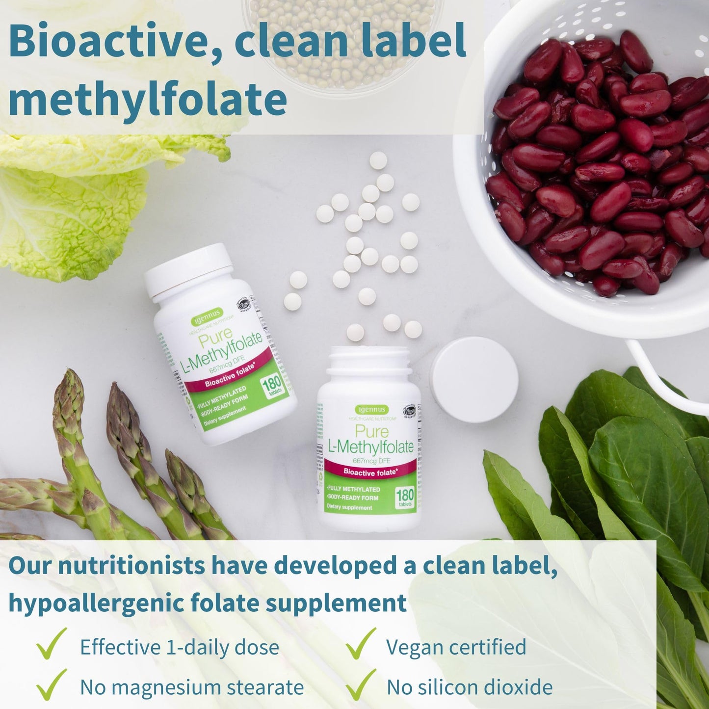 Pure Folate 400 mcg, 180 Small Tablets, Clean Ingredients & Vegan, Active Form of Folic Acid L-Methylfolate (Vitamin B9), Suitable for Pregnancy, One-a-Day, 180 Servings, by Igennus