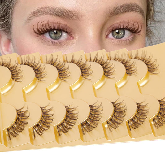 Half Lashes Brown Lash Strips Clear Band Eyelashes Natural Fake Eyelash Wispy False Lash Pack 8 Pair CC Curl Dark Brown Half Eyelashes 3/4 Corner Falsies