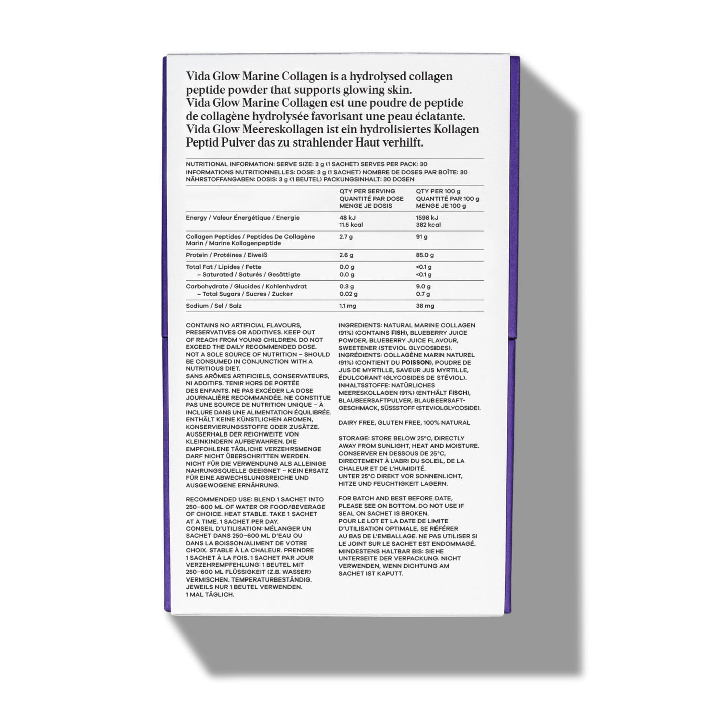 Vida Glow - Natural Hydrolysed Marine Collagen Sachets | Promotes Glowing Skin + Smooths Fine Lines (Blueberry, 30 Sachets)