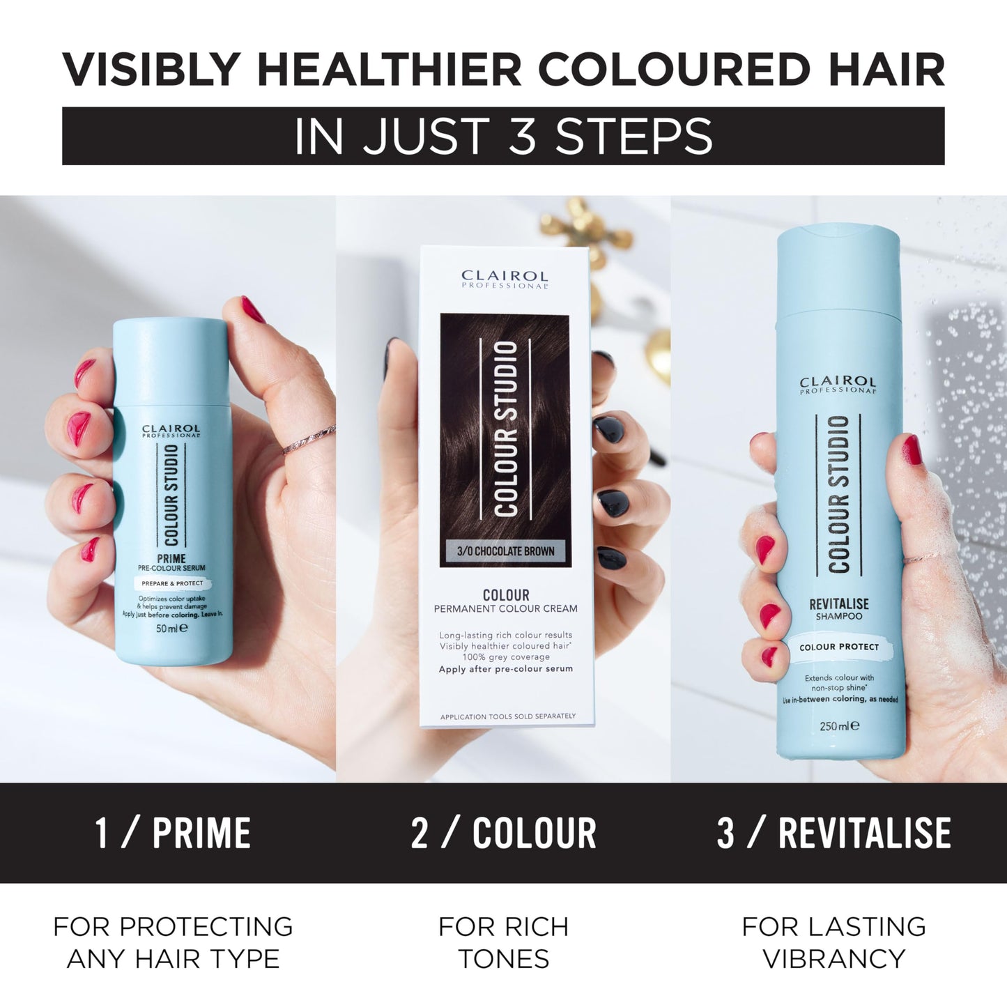 Clairol Professional Colour Studio | Step 3 Revitalise | Colour Protect Shampoo for Coloured Hair | Prolongs colour vibrancy with non-stop shine | All hair types | Vegan | 250 ml