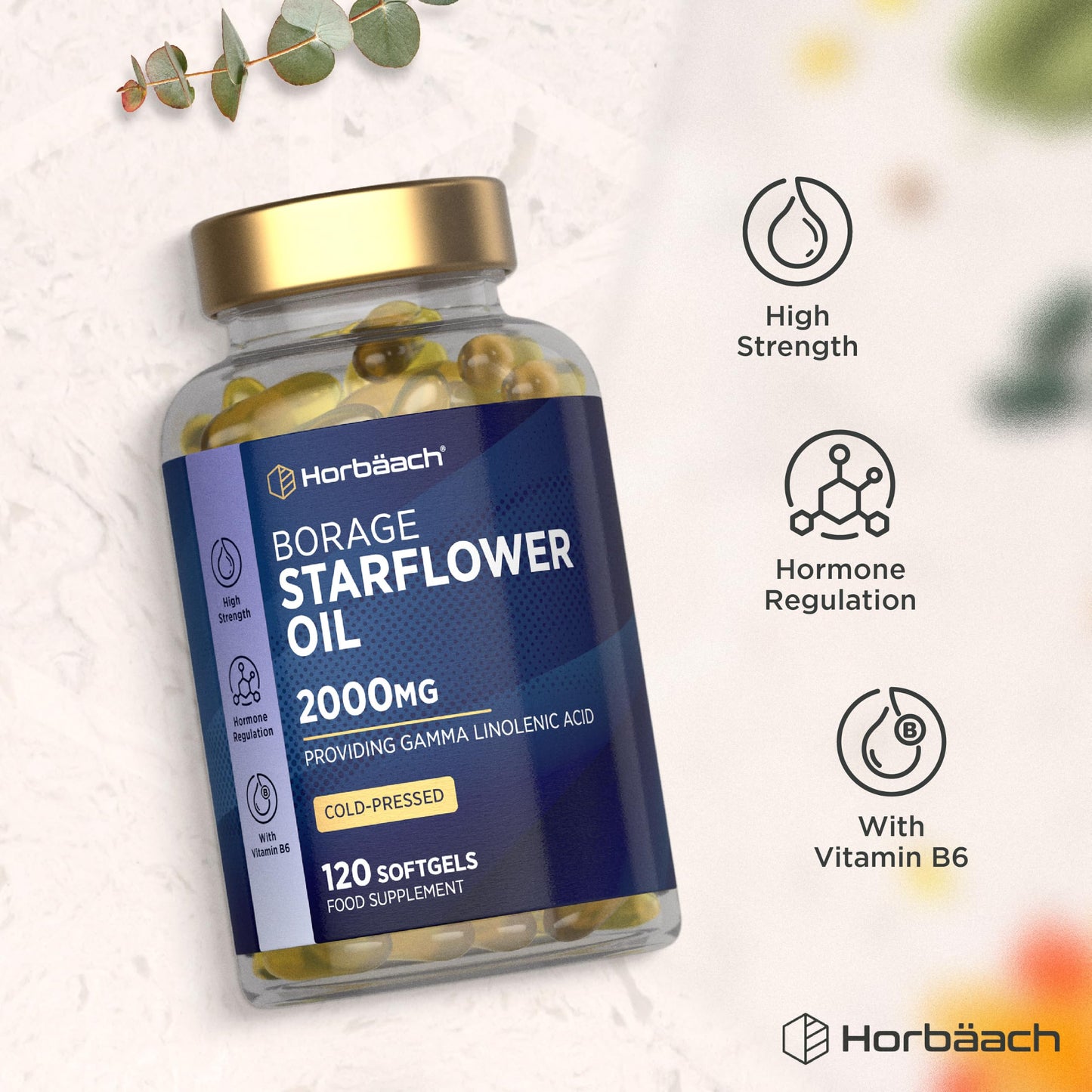 Horbäach Starflower Oil Capsules 2000mg | High Strength GLA | Cold-Pressed Borage Oil with Vitamin B6 | Natural Source of Omega-6 | 120 Softgels | by Horbaach