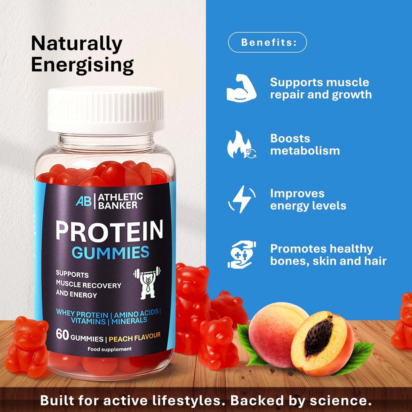 Whey Protein Gummies – Peach Flavour, 6g Protein per Serving, Low Sugar – Vegetarian Protein Supplement with Amino Acids, Vitamins & Minerals for Muscle Recovery – 60 Gummies – Formulated in The UK