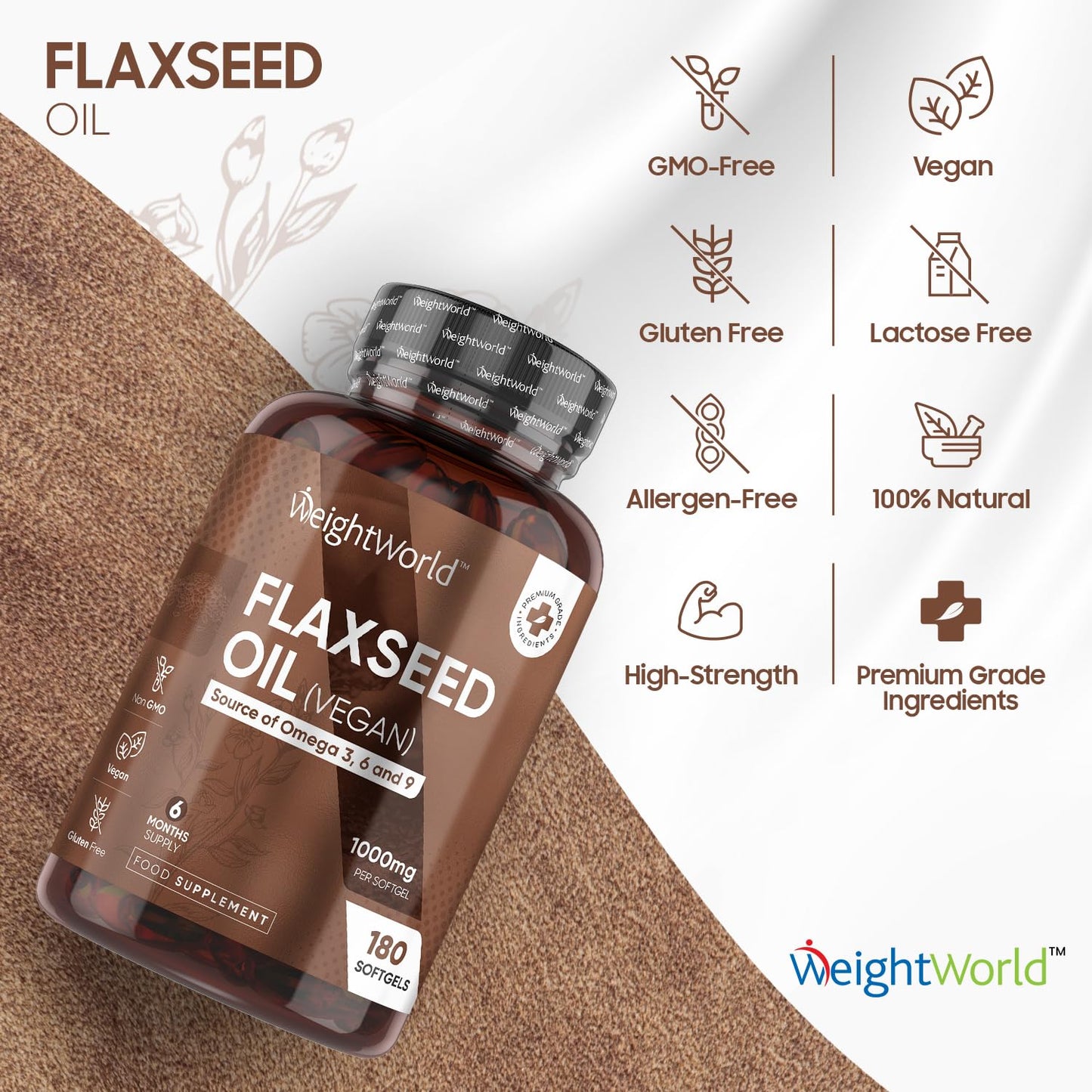 Flaxseed Oil Capsules - 2000mg per 2 Softgels - 180 Cold-Pressed & Vegan Omega 3 6 9 Capsules - Fish Oil Alternative - Linseed Oil ALA, Linoleic & Oleic Acid - Essential Fatty Acids Supplements